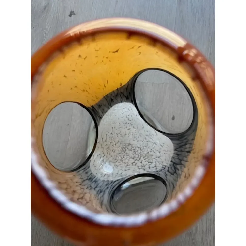 Vintage MCM Heavy Art Glass Window Porthole Vase Tortoiseshell Leopard 9